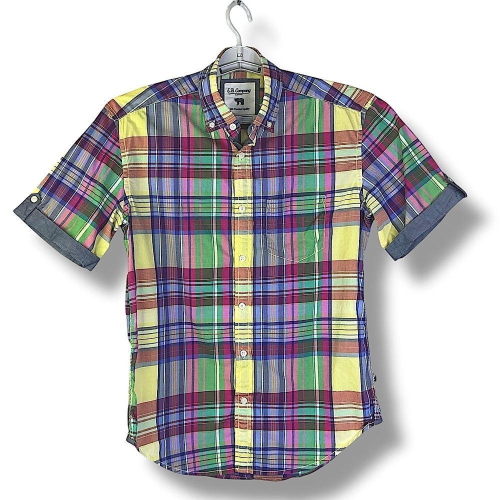 E B Company Vintage Button Down Collar Shirt Madras Plaid Blue Green Men Medium - Picture 1 of 16